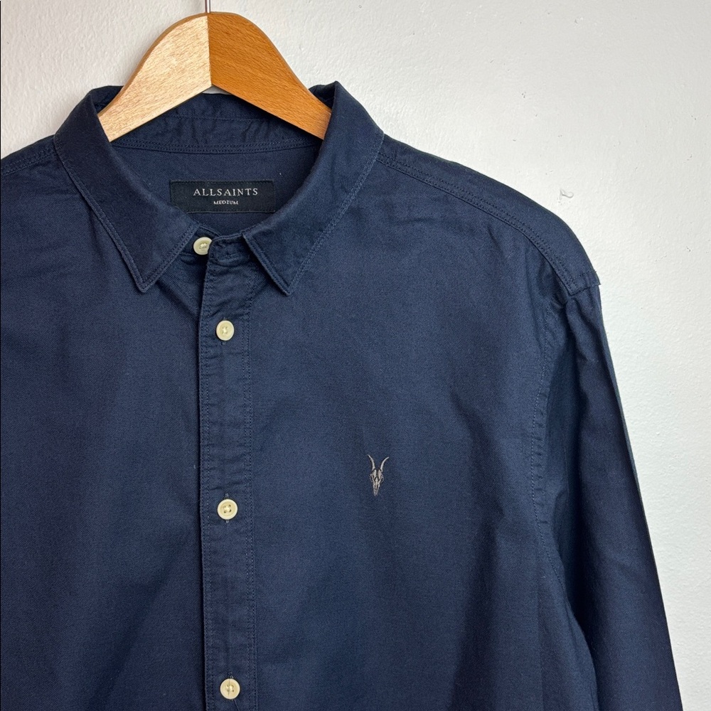 All Saints Azur Long Sleeve Cotton Button-Up Mens Shirt Navy Blue Medium - Picture 3 of 6